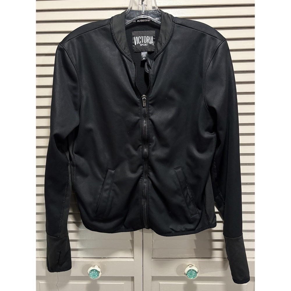 Victoria‎ Sport Athletic Jacket Logo Pockets Full Zip Size S Black Thumb Holes